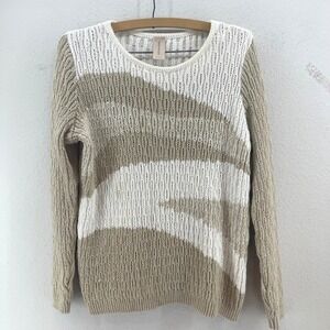 Skovhuus Tan White Wavy Colorblock Pointelle Knit Crewneck Sweater Small